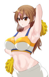 1girl absurdres arm_behind_head arm_up armpits breasts brown_eyes brown_hair check_commentary cheerleader chuunibyou_demo_koi_ga_shitai! cleavage collarbone commentary commentary_request eyelashes hair_between_eyes hair_ornament hairclip hand_on_own_hip highres holding holding_pom_poms large_breasts long_hair looking_at_viewer mullll navel nibutani_shinka parted_lips pom_pom_(cheerleading) pom_poms ponytail presenting_armpit side_ponytail simple_background solo steam steaming_body stomach sweat upper_body white_background 