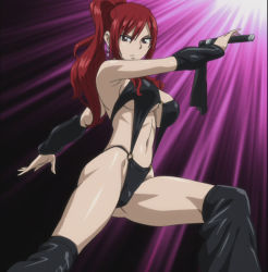 1girl bikini breasts cleavage dominatrix erza_scarlet fairy_tail highres large_breasts latex navel ponytail red_hair screencap solo stitched swimsuit third-party_edit whip  rating:Questionable score:181 user:HitamWalker