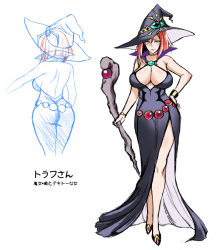 ass backless_outfit breasts character_name character_sheet concept_art hand_on_own_hip hat large_breasts multiple_views short_hair simple_background sketch staff standing usagi_nagomu white_background witch witch_hat rating:Questionable score:24 user:cheezeit