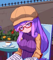 1girl :&lt; book bow breasts brodall_pixel brown_headwear brown_jacket casual chair cup flower glasses hair_bow hat highres holding holding_book jacket large_breasts looking_at_viewer outdoors patchouli_knowledge pixel_art purple_eyes purple_hair purple_sweater red-framed_eyewear ribbed_sweater saucer sitting sweater table teacup touhou turtleneck turtleneck_sweater