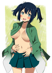 10s 1girl black_hair blue_eyes blush breasts groin highres kantai_collection large_breasts navel okuba open_clothes short_twintails solo souryuu_(kancolle) sweat twintails underboob rating:Questionable score:8 user:danbooru