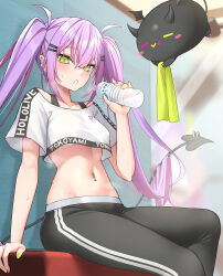  1girl bibi_(tokoyami_towa) blush breasts character_name clothes_writing collarbone crop_top crop_top_lift cropped_shirt demon_tail ear_piercing green_eyes green_towel hair_ornament hairclip highres hololive hololive_dance_practice_uniform long_hair looking_at_viewer multicolored_hair navel navel_piercing official_alternate_costume open_mouth pants piercing pink_hair purple_hair shirt shirt_overhang solo sports_bra_peek streaked_hair striped_clothes sweat tail tail_ornament tail_piercing tokoyami_towa twintails virtual_youtuber white_shirt workout_clothes yoga_pants z.m._(zimin) 