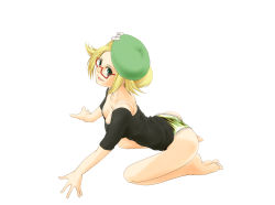 1girl akosan all_fours ass beret bianca_(pokemon) black_shirt blonde_hair bow bra breasts collarbone creatures_(company) downblouse feet female_focus frilled_panties frills full_body game_freak glasses green_eyes green_hat green_panties hat hat_bow looking_at_viewer medium_breasts nintendo open_mouth panties pokemon pokemon_bw2 red-framed_eyewear shirt short_sleeves smile solo toes underwear white_bow white_bra