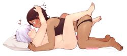  2girls ^^^ aisha_aldola artist_name bare_shoulders barefoot blunt_bangs blush brown_hair chadolbaegi character_request commentary couple dark-skinned_female dark_skin dildo eye_contact full_body heart interracial kannagi_noel looking_at_another lying missionary multiple_girls nose_blush nude on_back pillow purple_eyes sex_toy short_hair simple_background sora_no_woto strap-on sweatdrop white_background white_hair yuri 