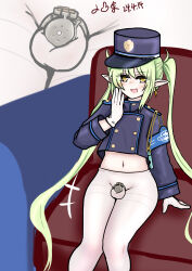  1boy absurdres armband blue_archive blush chastity_cage conductor earrings eyebrows_visble_through_hair flat_chastity_cage genderswap genderswap_(ftm) gloves green_hair hat highres jacket jewelry navel nozomi_(blue_archive) open_mouth pantyhose pointy_ears sitting smile smug twintails whistle white_pantyhose yellow_eyes  rating:Explicit score:20 user:WelcomeToTheCoomZone