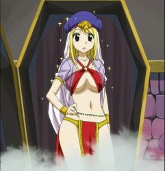  1girl arabian_clothes blonde_hair blush breasts brown_eyes cleavage coffin dancer fairy_tail female_focus large_breasts loincloth long_hair lucy_heartfilia midriff no_bra screencap solo stitched third-party_edit  rating:Sensitive score:115 user:LuffyKiraLight