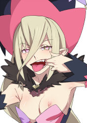  1girl blonde_hair blush breasts clothes_pull detached_collar fang female_focus finger_in_own_mouth hair_between_eyes half-closed_eyes hat heart heart-shaped_pupils long_hair looking_at_viewer magilou_(tales) mouth_pull nipple_slip nipples one_breast_out open_mouth pointy_ears sexually_suggestive shiny_skin simple_background small_breasts smile solo symbol-shaped_pupils tales_of_(series) tales_of_berseria teeth tongue tongue_out toranpo_rintarou very_long_hair white_background  rating:Questionable score:81 user:DoctorWasabi