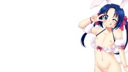  1girl blue_eyes blue_hair censored character_request female_focus flat_chest hair_ribbon highres inuboshi loli looking_at_viewer navel nipples one_eye_closed out-of-frame_censoring pussy ribbon simple_background solo twintails v wink 