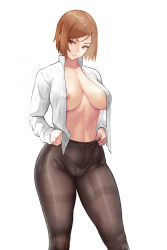 1girl areola_slip blouse breasts brown_eyes brown_hair brown_pantyhose clothes_pull collared_shirt commentary covered_erect_nipples jujutsu_kaisen kugisaki_nobara large_breasts looking_at_viewer midriff navel no_bra open_clothes open_shirt panties pantyhose serious shirt short_hair simple_background skindentation solo thighs underwear white_background white_panties white_shirt zefrableu rating:Questionable score:686 user:Vardigiil