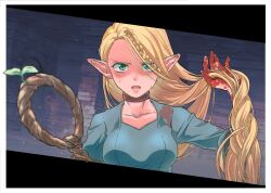  1girl ambrosia_(dungeon_meshi) blonde_hair blue_dress border braid brick_wall brown_choker choker collarbone commentary_request dress dungeon_meshi elf eyes_visible_through_hair green_eyes hand_in_own_hair hand_up holding holding_own_hair holding_staff indoors long_hair looking_at_viewer marcille_donato open_mouth outside_border pointy_ears serious signature single_braid solo staff straight-on sweat swept_bangs twitter_username upper_body uzukiyuni v-shaped_eyebrows white_border 
