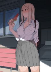  1girl blush breasts bulge cleavage closed_mouth collarbone food futanari highres large_breasts large_penis looking_to_the_side momo_no_suidou-sui original penis pleated_skirt popsicle red_eyes shadow shirt shirt_tucked_in silver_hair skirt sleeves_rolled_up solo sunlight sweat tongue tongue_out watermelon_bar white_shirt  rating:Sensitive score:210 user:danbooru