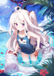  1girl absurdres ahoge bare_arms bare_shoulders beach blue_archive blue_one-piece_swimsuit blue_sky blurry blurry_background blush breasts closed_mouth day demon_girl demon_horns demon_wings depth_of_field duck_innertube flower hair_ornament hairclip halo highres hina_(blue_archive) hina_(swimsuit)_(blue_archive) horns innertube long_hair low_wings multiple_horns name_tag ocean official_alternate_costume old_school_swimsuit one-piece_swimsuit one_side_up outdoors parted_bangs pool purple_eyes purple_wings red_flower school_swimsuit shenqi_xiao_hong_zai_nali sky small_breasts solo standing starfish swim_ring swimsuit tree very_long_hair wading water wet whistle whistle_around_neck white_hair wings 
