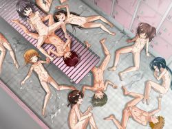  3boys 6+girls after_vaginal aftersex barefoot black_hair brown_hair censored closed_eyes cowgirl_position cum cum_on_body cum_on_floor cum_on_lower_body cum_on_upper_body feet flat_chest from_above full_body hanaya_(circle) hetero highres locker locker_room loli long_hair looking_at_another lying masturbation mosaic_censoring multiple_boys multiple_girls navel nude on_back on_floor on_side open_mouth orange_hair original penis ponytail pussy sex short_twintails shota spread_legs straddling twintails unconscious vaginal zenra_de_suiei_jugyou_shichaimashita! 
