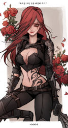  1girl absurdres breasts cleavage green_eyes highres katarina_(league_of_legends) league_of_legends long_hair midriff red_hair  rating:Questionable score:22 user:Vedik634