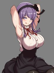  10s 1girl absurdres armpits arms_behind_head arms_up blue_eyes breasts covered_erect_nipples dagashi_kashi highres large_breasts looking_at_viewer purple_hair seductive_smile shidare_hotaru smile solo tongue tongue_out  rating:Sensitive score:31 user:tonystark666