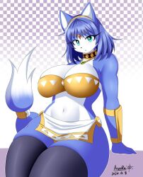  1girl animal_ears artist_name bandeau blue_hair breasts choker cleavage colored_skin fox_ears fox_tail furry furry_female green_eyes hairband jewelry krystal large_breasts loincloth long_hair looking_at_viewer midriff multicolored_skin navel nintendo open_mouth pendant star_fox tail tasogare_aozora thick_thighs thighhighs thighs two-tone_fur two-tone_skin white_skin 
