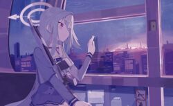  1girl blue_archive building chikoku city cityscape closed_mouth collared_shirt grey_hair grey_jacket gun halo head_wings highres jacket long_hair long_sleeves neck_ribbon purple_halo red_eyes red_ribbon ribbon shirt single_head_wing sitting smile solo suzumi_(blue_archive) weapon white_shirt wings 