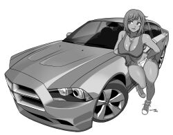  1girl absurdres breasts car commission covered_erect_nipples cropped_shirt dodge_(company) dodge_charger greyscale highres kansu-kansu large_breasts looking_to_the_side micro_shorts midriff monochrome motor_vehicle muscle_car navel original shirt shoes shorts simple_background sleeveless sleeveless_shirt smile sneakers solo vehicle_focus white_background 