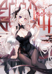  1girl 2024 arm_support bare_shoulders black_dress breasts brown_pantyhose china_dress chinese_clothes chinese_zodiac cleavage cleavage_cutout clothing_cutout covered_navel dragon_horns dragon_tail dress fang feather_boa fine_fabric_emphasis floral_print hair_bun hand_up heterochromia highres horns kity1211_tetsu lace_trim large_breasts long_hair looking_at_viewer nail_polish open_mouth original pantyhose pelvic_curtain pointy_ears print_dress purple_eyes red_eyes red_nails sidelocks sitting sleeveless sleeveless_dress smile solo tail very_long_hair white_hair  rating:Sensitive score:9 user:danbooru