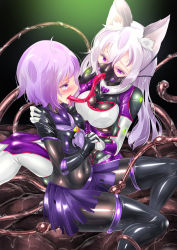  animal_ears battle_damage bodysuit cat_ears combat_suit corrupted corruption female_sub femdom gloves highres holding_hands latex latex_bodysuit latex_gloves latex_thighhighs mask purple_hair rubber tentacle_sex tentacles thighhighs white_hair  rating:Explicit score:27 user:skysthelimit