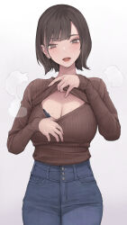  1girl absurdres black_bra bra bra_peek breasts brown_hair brown_sweater cleavage cowboy_shot denim earrings highres jeans jewelry koh_(minagi_kou) large_breasts looking_at_viewer meme_attire mole mole_under_eye open-chest_sweater original pants ribbed_sweater short_hair simple_background solo steaming_body sweat sweater sweater_tucked_in underwear white_background 