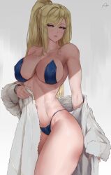  1girl araneesama artist_name bare_shoulders blonde_hair blue_eyes breasts breasts_apart collarbone female_focus fur-trimmed_jacket fur_trim hair_between_eyes high_ponytail highres jacket jacket_partially_removed large_breasts lips long_hair looking_to_the_side metroid navel nintendo parted_bangs parted_lips ponytail samus_aran shade sidelocks simple_background solo swept_bangs thighs toned wristband  rating:Sensitive score:26 user:Tempest_104