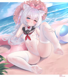  1girl absurdres animal_ear_fluff animal_ears ball beach beachball blue_eyes blush bow breasts cameltoe cat_ears chinese_commentary cloud covered_navel day feet full_body grey_hair hair_bow hair_ornament hat headwear_request heterochromia highleg highres knee_up leg_up legs loli long_hair looking_at_viewer lying navel nipples no_shoes ocean on_side one-piece_swimsuit original outdoors red_eyes ribbon sailor_collar see-through sheng_taoren sitting sky small_breasts soles solo spread_legs straw_hat swimsuit tail thighhighs thighs toes water wet wet_clothes white_hair white_one-piece_swimsuit white_thighhighs 