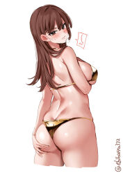  1girl artist_name ass bikini biting_own_lip blush breasts brown_eyes brown_hair butt_crack cropped_legs ebifurya from_behind furrowed_brow gold_bikini hair_between_eyes hand_on_own_ass highres kantai_collection large_breasts long_hair looking_at_viewer looking_back one-hour_drawing_challenge ooi_(kancolle) shoulder_blades sidelocks simple_background solo spoken_blush strap_gap sweat swimsuit thighs twitter_username underboob v-shaped_eyebrows white_background 