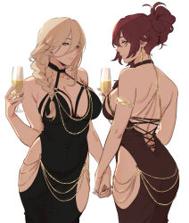  2girls aponia_(honkai_impact) ass bare_shoulders black_dress blonde_hair blue_eyes blue_nails braid breasts closed_mouth commentary cup dress drinking_glass earrings eden_(honkai_impact) fingernails hair_between_eyes holding holding_cup holding_hands honkai_(series) honkai_impact_3rd jewelry large_breasts long_fingernails long_hair maiqo meme_attire modakawa_dress mole mole_on_breast multiple_girls red_hair simple_background smile strapless strapless_dress symbol-only_commentary white_background yellow_eyes yuri 