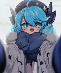 1girl :d ahoge black_bow black_headwear blue_scarf blush bow drill_hair green_eyes green_hair grey_jacket gwen_(league_of_legends) hair_bow jacket league_of_legends long_hair long_sleeves looking_at_viewer meme monakan_japan open_clothes open_jacket open_mouth pov_cheek_warming_(meme) scarf simple_background smile solo twin_drills twintails upper_body white_background rating:General score:7 user:danbooru
