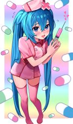 1girl absurdres blue_eyes blush boots collared_dress dress hat hatsune_miku heart highres holding holding_syringe koiiro_byoutou_(vocaloid) long_hair nurse nurse_cap open_mouth pawsup perspective pill short_dress short_sleeves solo sweat syringe thigh_boots twintails very_long_hair vocaloid 