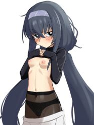  1girl black_eyes black_panties blue_archive blush breasts clothes_lift clothes_pull commentary_request grey_hair hairband long_hair looking_at_viewer low_twintails navel nipples ogi_non panties panties_under_pantyhose pantyhose shirt_lift simple_background skirt skirt_pull small_breasts solo twintails ui_(blue_archive) underwear very_long_hair white_background white_skirt 