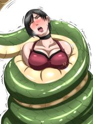  1girl ada_wong animal asphyxiation bhm black_choker black_hair blush breasts choker cleavage coiled collarbone constriction dress closed_eyes heavy_breathing large_breasts open_mouth red_dress resident_evil resident_evil_2 restrained short_hair simple_background snake sweat teeth upper_body upper_teeth_only white_background  rating:Questionable score:38 user:lichen93