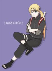  1boy blonde_hair blue_eyes character_name crossed_arms earrings forehead_protector frown headband jewelry long_hair looking_at_viewer male_focus naruto naruto_(series) aged_up pale_skin ponytail solo teramoto_kei yamanaka_inojin  rating:Sensitive score:6 user:maziik