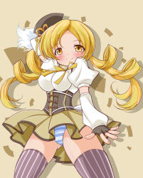 1girl beret blonde_hair blush breasts detached_sleeves drill_hair fingerless_gloves gloves hair_ornament hairpin hat highres large_breasts long_hair magical_girl mahou_shoujo_madoka_magica mahou_shoujo_madoka_magica_(anime) panties skirt smile solo striped_clothes striped_panties striped_thighhighs thighhighs tomoe_mami twin_drills twintails underwear vertical-striped_clothes vertical-striped_thighhighs yellow_eyes yoppi98ro  rating:Sensitive score:7 user:danbooru