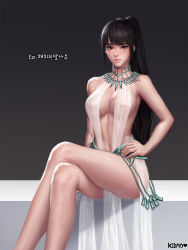 1girl artist_name bad_id bad_pixiv_id bare_shoulders black_background black_hair blue_eyes blush breasts cleavage commission crossed_legs dress embarrassed female_focus gradient_background hand_on_own_hip high_ponytail highres kidmo korean_text large_breasts linea_alba lips long_hair looking_at_viewer mabinogi mabinogi_heroes medium_breasts navel nipples no_bra no_panties nose one-piece_swimsuit pelvic_curtain ponytail revealing_clothes see-through sideboob simple_background sitting slingshot_swimsuit solo swimsuit thighs white_dress white_one-piece_swimsuit rating:Questionable score:57 user:danbooru