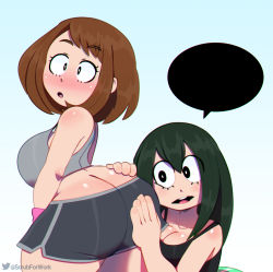 2girls absurdres ass ass_grab asui_tsuyu bare_shoulders blank_speech_bubble blush boku_no_hero_academia breasts brown_hair butt_crack cleavage green_hair highres huge_ass large_breasts long_hair multiple_girls open_mouth short_hair shorts sideboob somescrub speech_bubble tank_top thick_thighs thighs uraraka_ochako wide_hips rating:Questionable score:117 user:JustHere4Butts