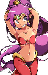  1girl arabian_clothes armpits arms_behind_head arms_up bandeau blue_eyes bracer breasts cleavage clenched_teeth collarbone commentary_request cowboy_shot dark_skin dark-skinned_female earrings female_focus forehead_jewel gokuu_(acoloredpencil) grin harem_pants highres hoop_earrings jewelry large_breasts long_hair looking_at_viewer navel o-ring o-ring_top pants pointy_ears ponytail purple_hair revealing_clothes shantae shantae_(series) simple_background smile solo stomach teeth tiara underboob very_long_hair white_background  rating:Sensitive score:43 user:danbooru