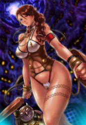 10s 1girl armor battle_damage blue_eyes boken_fantasy braid branwen_(queen&#039;s_blade) breasts brown_hair cleavage collar cracked_sword damaged_shield damaged_sword damaged_weapon heterochromia highres large_breasts leash queen&#039;s_blade queen&#039;s_blade_rebellion red_eyes revealing_clothes scratched_sword shield single_braid standing sword tattoo weapon  rating:Sensitive score:83 user:xal