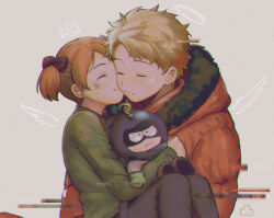  1boy 1girl animification blonde_hair brother_and_sister child closed_eyes holding holding_stuffed_toy hood hoodie karen_mccormick kenny_mccormick kiss kissing_cheek mysterion orange_hoodie pantygnomes siblings south_park stuffed_toy 