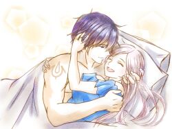  1boy 1girl armpits artist_request bare_shoulders bed_sheet blue_eyes blue_hair blue_nightgown breasts brown_eyes chrom_(fire_emblem) closed_eyes collarbone couple eye_contact eyelashes fingernails fire_emblem fire_emblem_awakening fire_emblem_heroes hair_between_eyes hair_down hand_on_another&#039;s_head happy highres hug indoors intelligent_systems long_hair looking_at_another matching_hair/eyes medium_breasts neck nightgown nintendo on_bed parted_bangs profile robin_(female)_(fire_emblem) robin_(fire_emblem) short_hair sidelocks smile toned toned_male topless_male twintails white_hair 