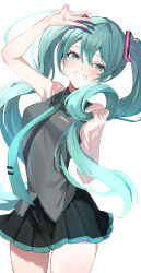  1girl :d absurdres aqua_eyes aqua_hair aqua_necktie arm_up armpits bare_arms bare_shoulders black_skirt breasts commentary_request cowboy_shot grey_shirt hair_between_eyes hand_up hatsune_miku highres holding_own_hair light_blush long_hair looking_at_viewer medium_breasts menomanome miku_day necktie open_mouth pleated_skirt shirt simple_background skirt sleeveless sleeveless_shirt smile solo standing thighs twintails vocaloid w white_background 