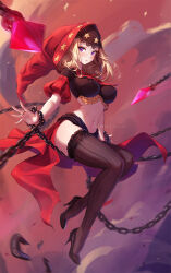  1girl blonde_hair blue_eyes chain covered_erect_nipples frilled_garter gypsy hood jewelry midriff mitsu_(mitsu_art) navel odin_sphere puff_and_slash_sleeves puffy_sleeves red_hood ring showgirl_skirt sitting solo striped_clothes striped_thighhighs thighhighs thighs velvet_(odin_sphere) vertical-striped_clothes vertical-striped_thighhighs 