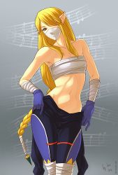  1girl bandages bare_shoulders beamed_quavers blonde_hair blue_gloves bodysuit braid breasts cleavage contrapposto covered_mouth cowboy_shot gloves gradient_background grey_background hair_ornament hair_over_one_eye long_hair low-braided_long_hair low-tied_long_hair musical_note navel nintendo pointy_ears princess_zelda quaver red_eyes sarashi sheik shunkaku single_braid small_breasts solo staff_(music) standing super_smash_bros. the_legend_of_zelda the_legend_of_zelda:_ocarina_of_time toned undressing very_long_hair  rating:Questionable score:96 user:chucky69