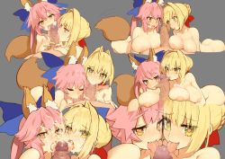 10s 2girls absurdres animal_ears blonde_hair breasts brown_eyes cooperative_fellatio cum facial fate/extra fate_(series) fellatio foreskin foreskin_pull fox_ears green_eyes grey_background hair_bun heart heart-shaped_pupils hetero highres kunabishi large_breasts licking licking_penis long_hair multiple_girls nero_claudius_(fate) nero_claudius_(fate)_(all) nero_claudius_(fate/extra) nipples oral penis pink_hair profile short_hair sidelocks simple_background single_hair_bun smile symbol-shaped_pupils tamamo_(fate) tamamo_no_mae_(fate/extra) third-party_edit tongue tongue_out twintails uncensored rating:Explicit score:268 user:Nimji