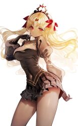  1girl alternate_costume arched_back black_dress black_gloves blonde_hair chiachun0621 commentary contrapposto covered_navel dress ereshkigal_(fate) ereshkigal_alter_(fate) eyelashes fate/grand_order fate_(series) gloves hair_ribbon highres juliet_sleeves light_blush long_hair long_legs long_sleeves looking_at_viewer narrow_waist parted_lips pleated_dress puffy_sleeves red_eyes red_ribbon ribbon short_dress simple_background skin_tight solo thick_thighs thighs tiara two_side_up very_long_hair white_background wide_hips  rating:Sensitive score:21 user:danbooru
