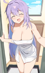  1girl ^_^ absurdres ahoge bare_arms bare_shoulders blush breasts character_request cleavage closed_eyes collarbone commentary copyright_request facing_viewer hair_between_eyes highres indoors large_breasts long_hair naked_towel open_mouth opening_door picture_frame purple_hair smile standing towel twin_(tt_lsh) white_towel 