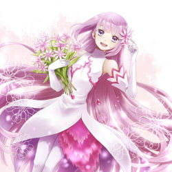  1girl a-i-red bad_id bad_pixiv_id dress elbow_gloves female_focus flower gloves gradient_background jewelry long_hair official_alternate_costume open_mouth pantyhose plant purple_eyes purple_hair smile solo sophie_(tales) tales_of_(series) tales_of_graces white_background white_gloves white_pantyhose  rating:Sensitive score:9 user:danbooru