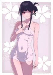  1girl aoi_suzu bare_shoulders black_hair blunt_bangs blush breasts cleavage collarbone covered_navel folded_ponytail hand_on_own_chest highres naked_towel original red_eyes solo towel wet 
