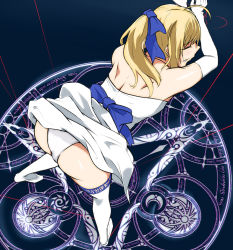 1girl ahoge artoria_pendragon_(all) artoria_pendragon_(fate) ass bdsm blonde_hair blue_bow blush bondage bound bound_wrists bow clothes_lift den_(kur0_yuki) dress dress_lift elbow_gloves closed_eyes fate/stay_night fate_(series) from_above gloves hair_bow high_heels lace lace-trimmed_legwear lace_trim magic magic_circle official_alternate_costume panties ponytail saber_(fate) solo spread_legs strapless strapless_dress thighhighs underwear white_gloves white_thighhighs rating:Questionable score:46 user:DartAnyan